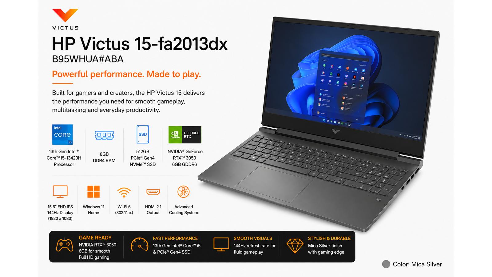 HP Victus 15-fa2013dx,  HP Gaming Laptop, 15.6-inch FHD 144Hz Gaming Laptop, Intel Core i5-13420H, 8GB DDR4 RAM, 512GB PCIe Gen4 NVMe SSD, NVIDIA GeForce RTX 3050 6GB, Windows 11 Home, English Keyboard, Mica Silver | B95WHUA#ABA